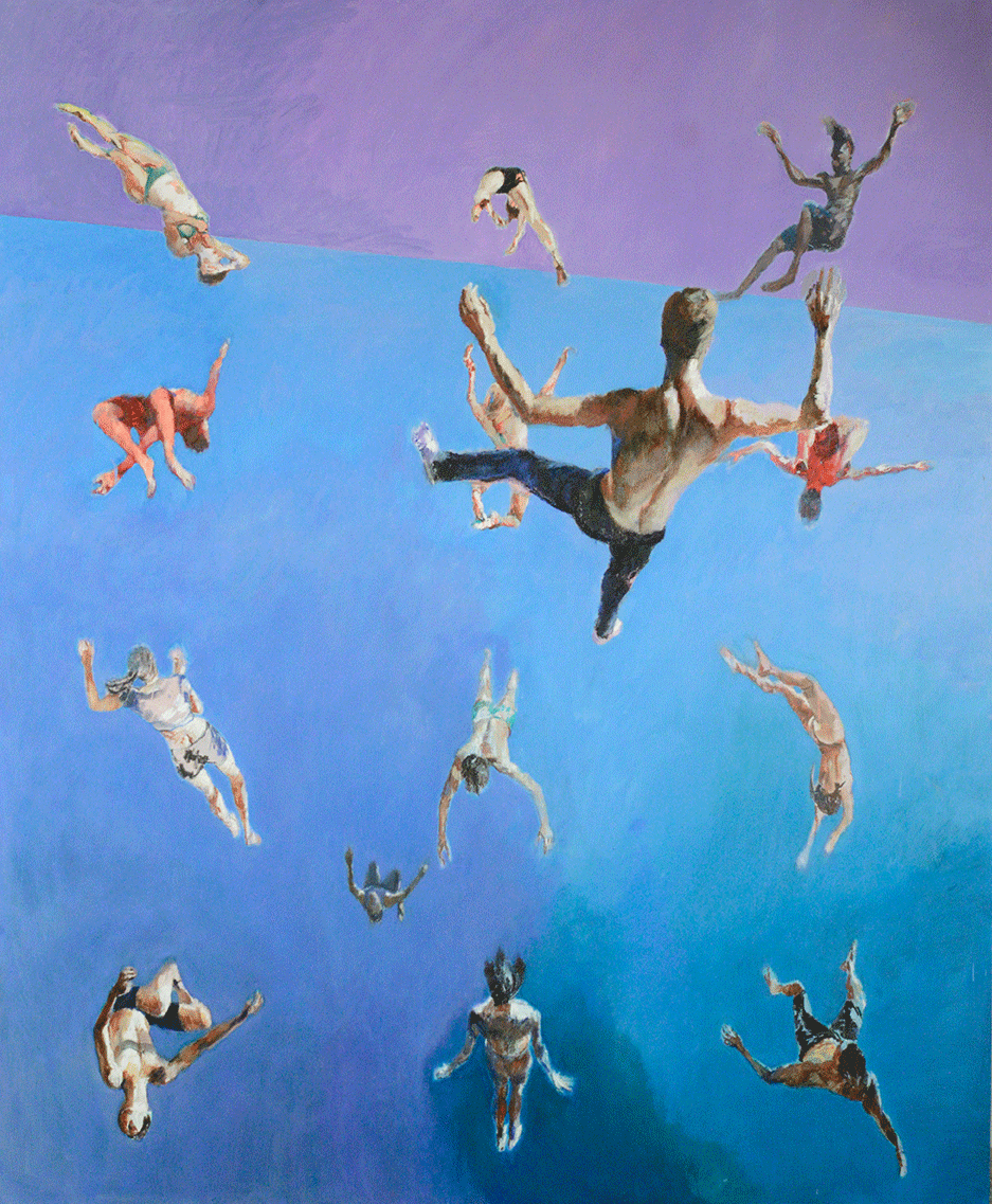 Painting of 2 Men Falling through a Geometrical Web of Spinning and Falling People
